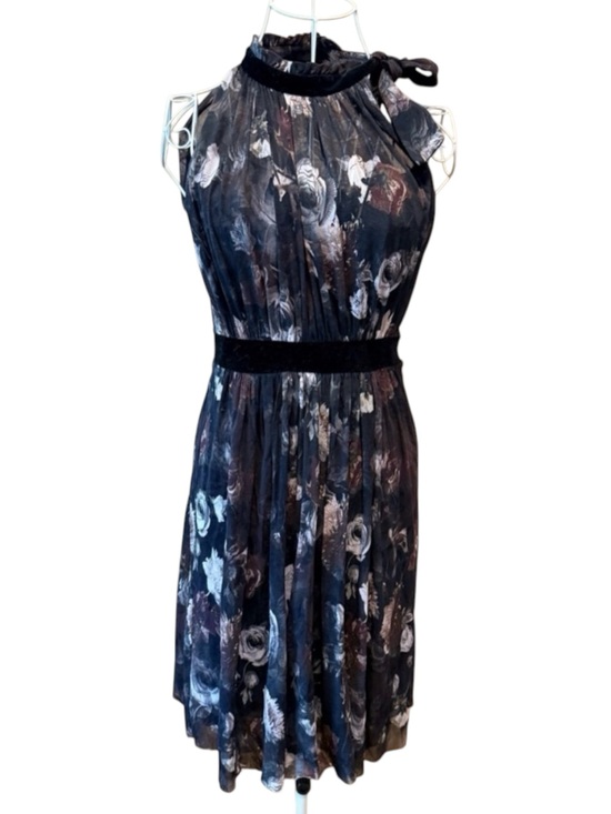 Fuzzi Dresses & Skirts - Fuzzi Dark Floral Mesh Halter Dress Black Velvet Waist Trim Size S